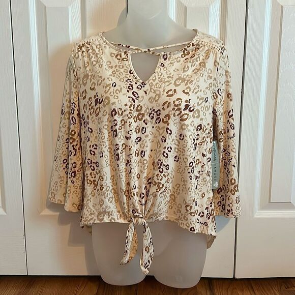 Beige Leopard Cheetah Print Top Blouse Shirt Bottom Loop Small S NWT - Picture 6 of 7